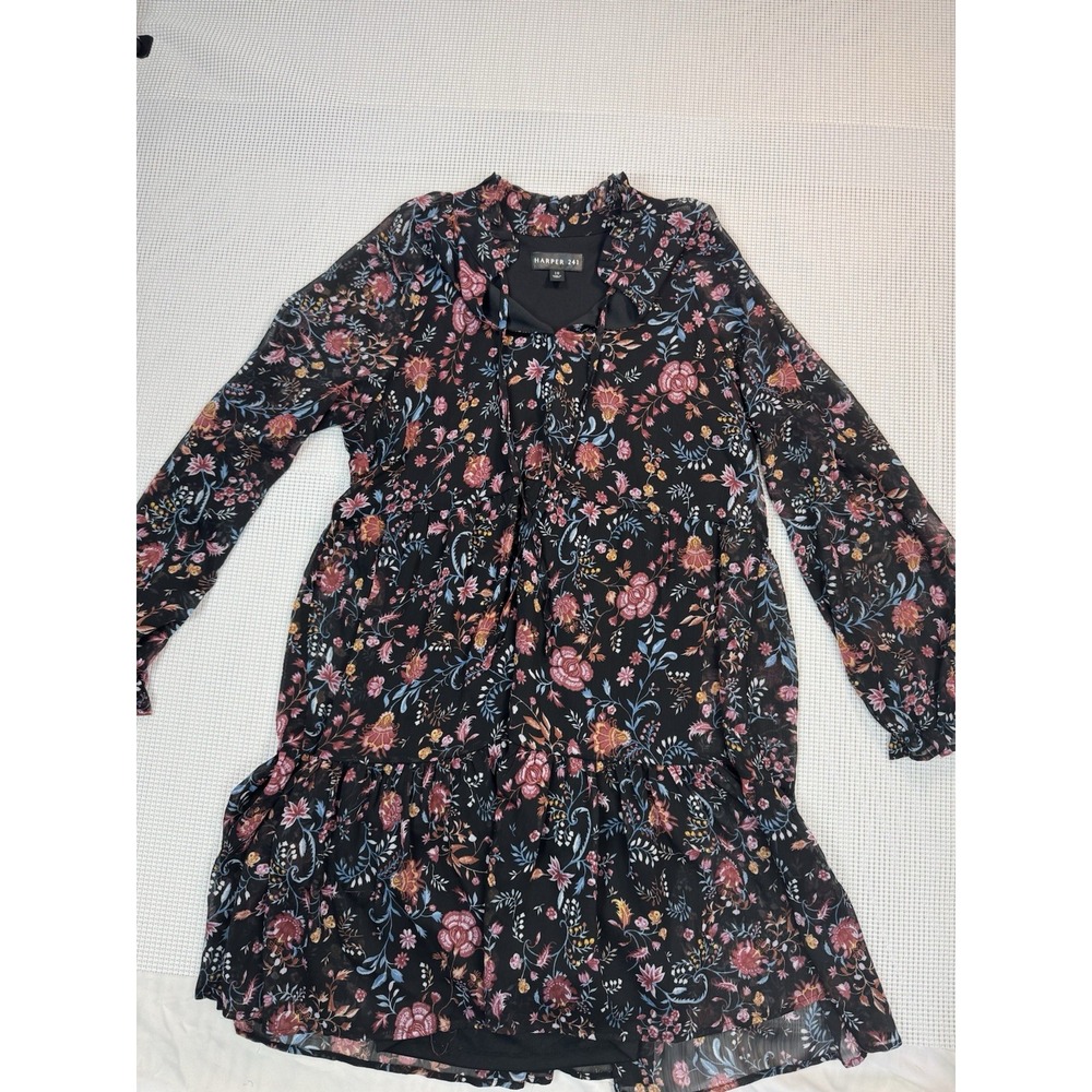 (545) Harper 241 Floral Dress Women Size 10 Black Boho Long Sleeve Ruffle Mini